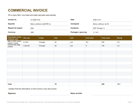 Preview of the first page of Commercial invoice (XLSX, PDF)