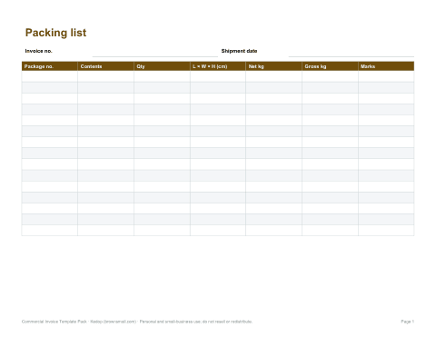 Preview of the first page of Packing list (XLSX, PDF)